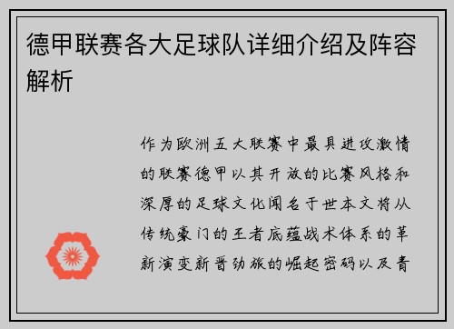 德甲联赛各大足球队详细介绍及阵容解析
